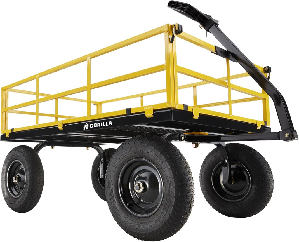 Steel Garden Cart, 4-Wheel Yard Cart, 1400 lb Capacity | Removable Sides, Convertible hand or tractor tow handle