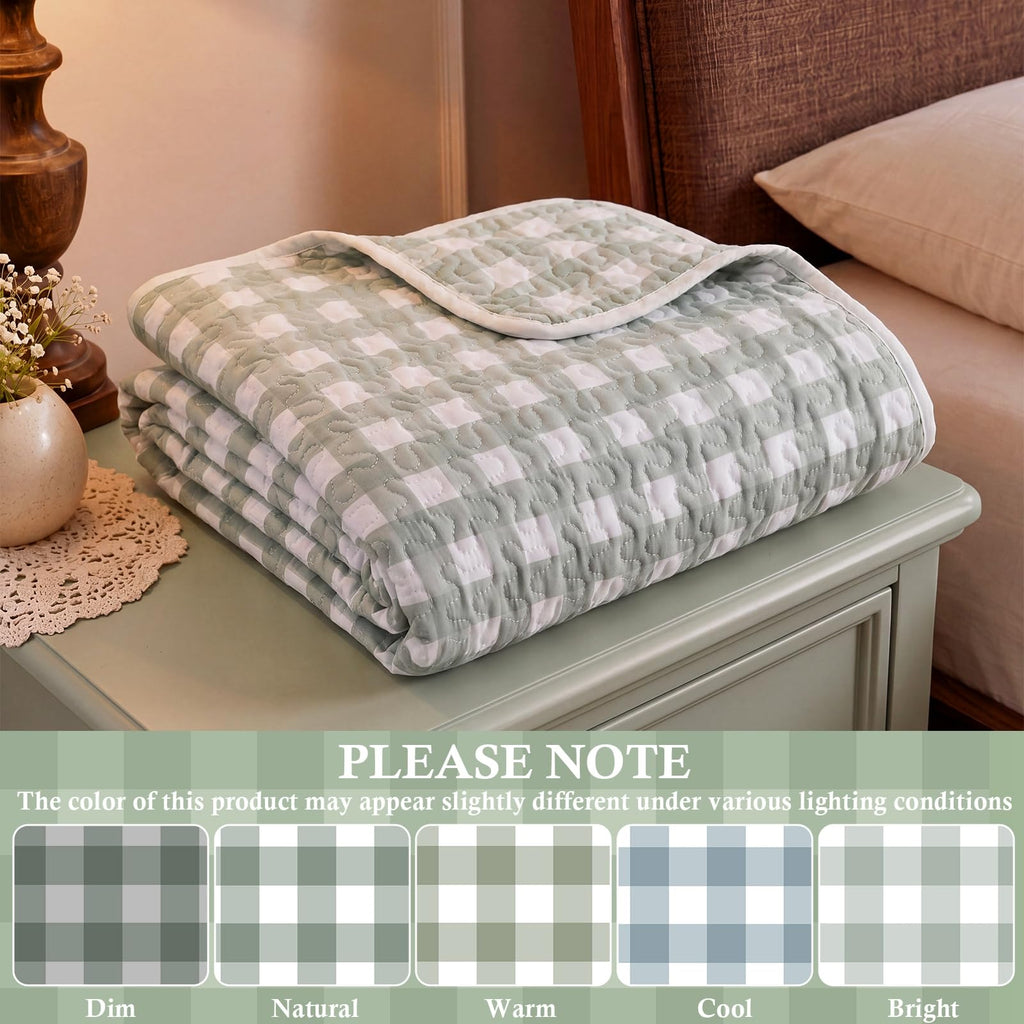 Gingham Quilted Throw Blanket Sage Green Scalloped Blanket