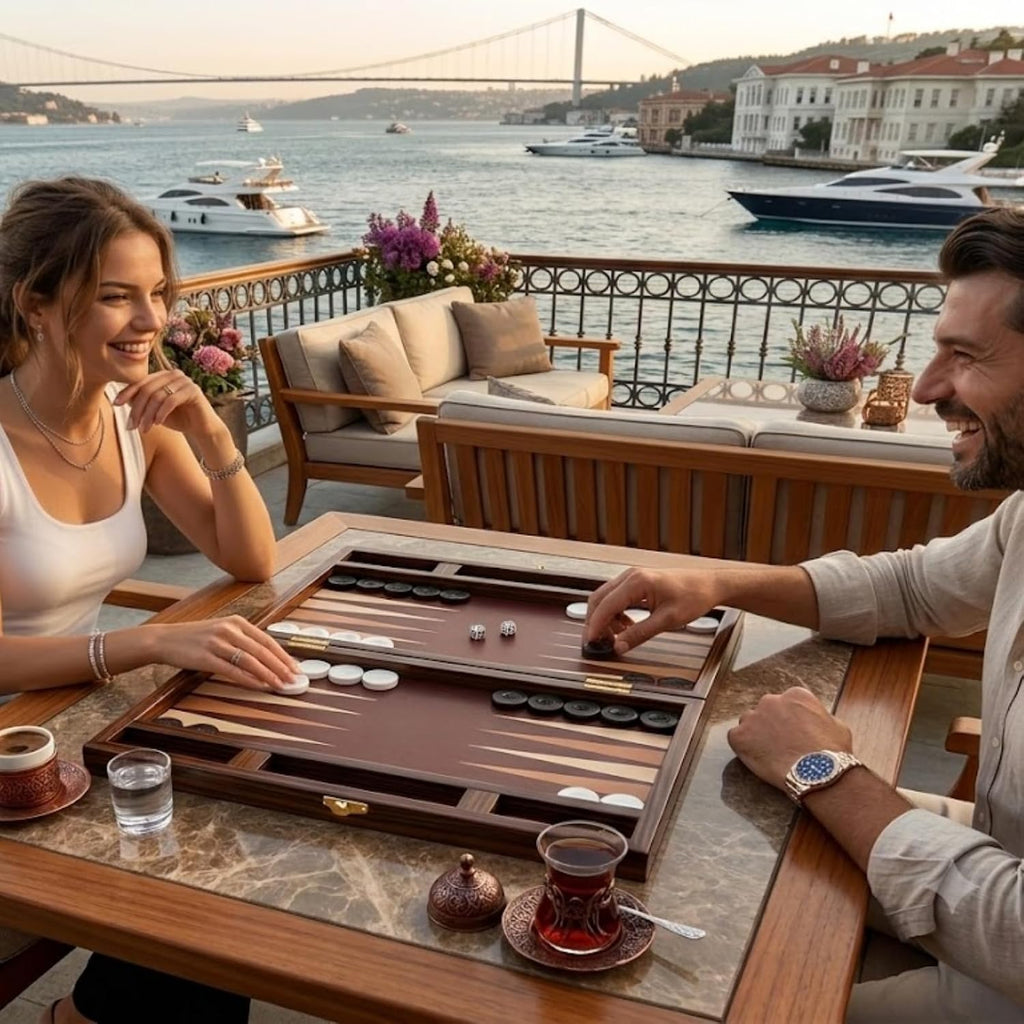 Luxury Turkish Backgammon Set for Adults, XXL 19 Inch Handcrafted Ebony Wood & Vintage PU Leather Backgammon Board