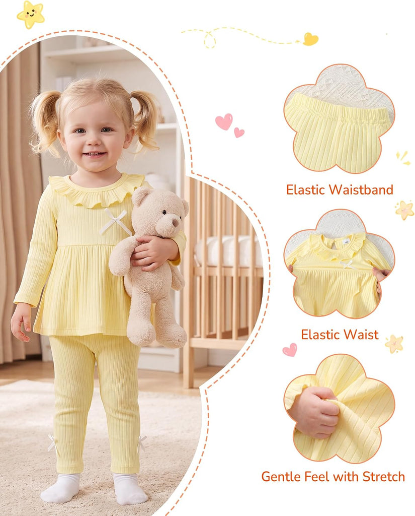 2 Piece Baby Girl Clothes Set Infant Ribbed Ruffle Top Bow Pants