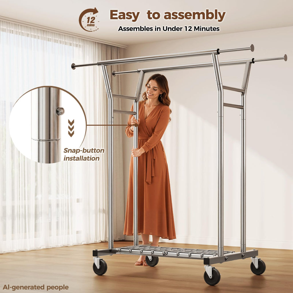 Heavy Duty Clothes Rack, Rolling Clothing Rack for Hanging Clothes with Shelves Load 700LBS, Portable Garment Wardrobe