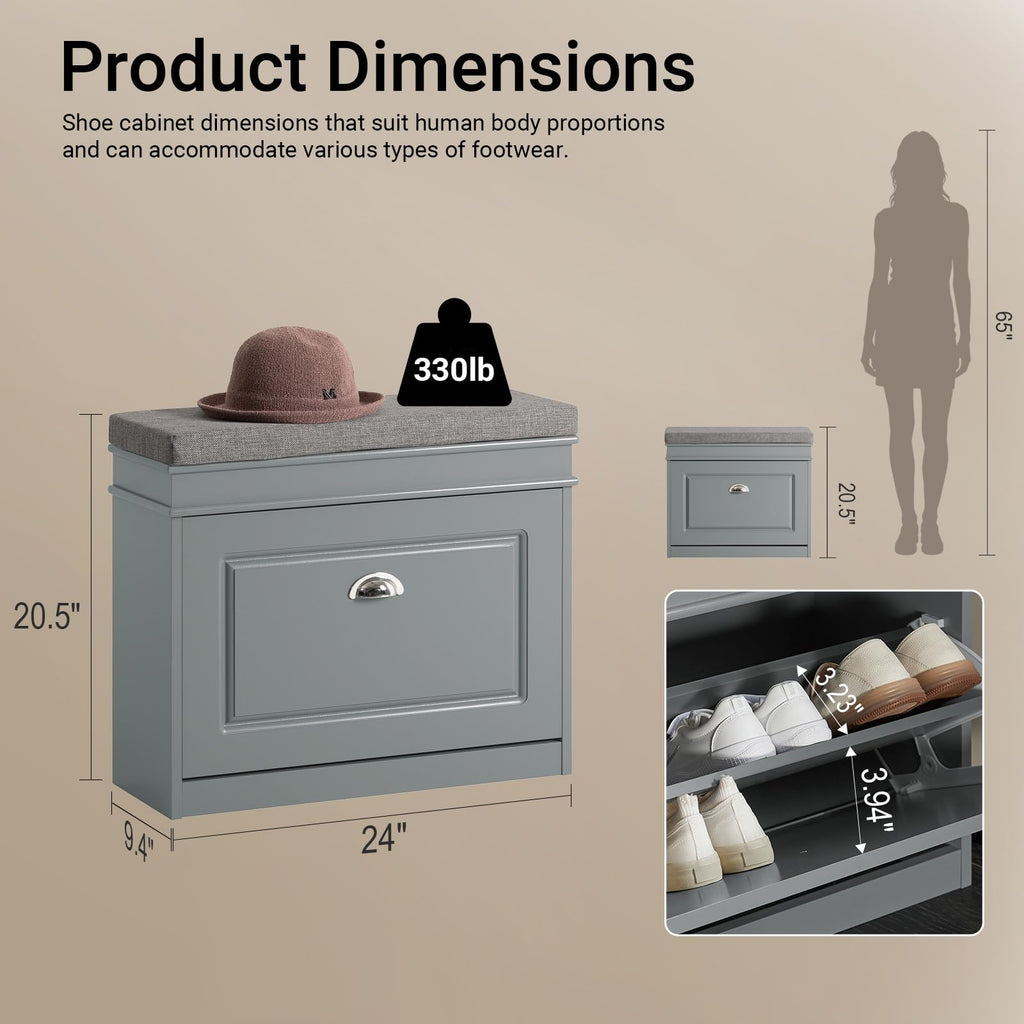 Grey Hallway Shoe Bench, Narrow Shoe Rack with Adjustable Shelf, Small Shoe Cabinet with 1 Flip-Drawer and Seat