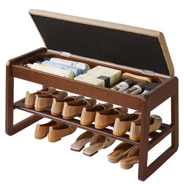 Shoe Rack Bench with Cushion, 2 Tiers Wood Shoe Bench with Flip-Top Storage, 31.5in Shoe Rack, Walnut Color