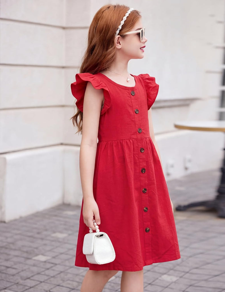 Girls Dress Flutter Sleeve Button Summer Sundress with Pockets