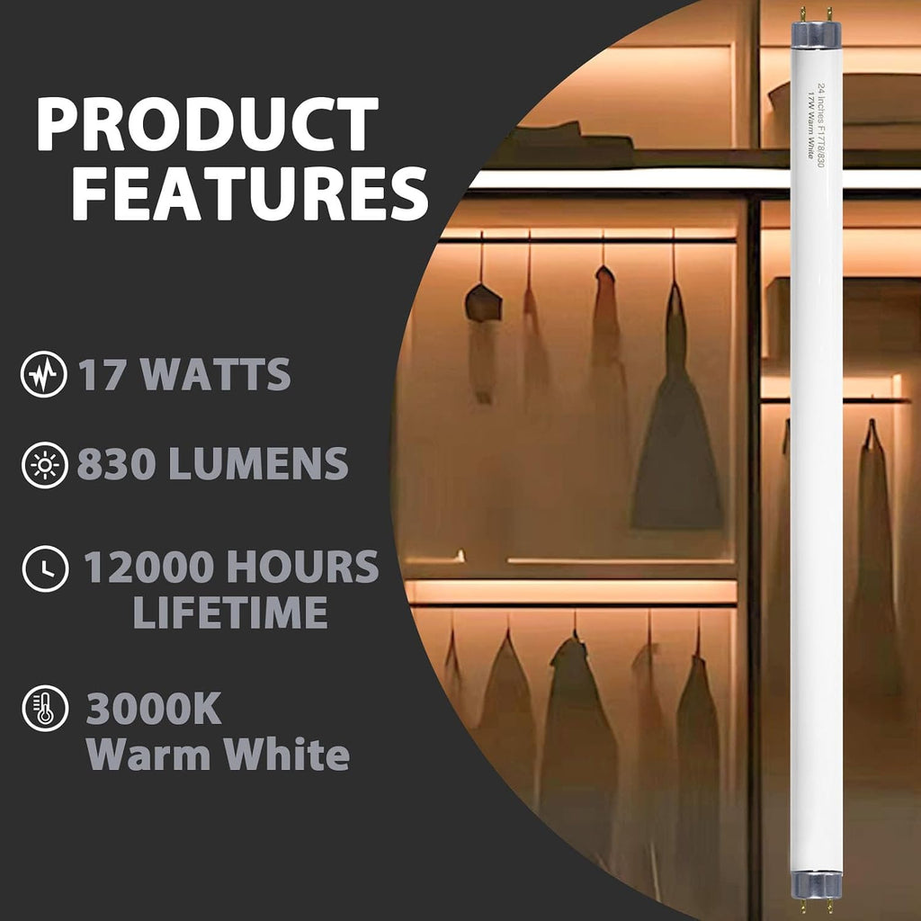 24 inch F17T8/830 17 Watts Light Bulb Warm White, 2 Foot Straight Fluorescent Tube T8 Tube Light F17T8/WW, 1500 Lumen