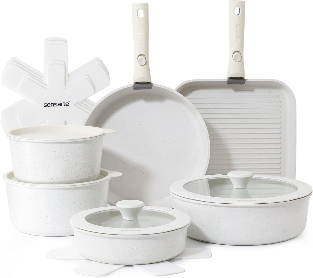 17 Piece Nonstick Detachable Handle Pots and Pans Set White | Removable Handle Cookware Set, Induction Cookware Set