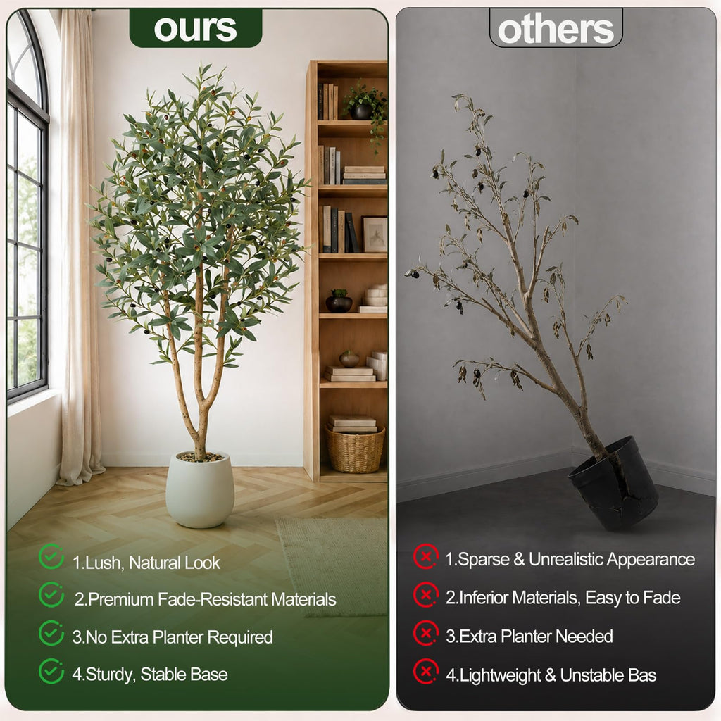 6FT Olive Trees Artificial, Large Faux Olive Tree with White Tall Planter, Faux Tree Indoor with Lush Lifelike Fruits