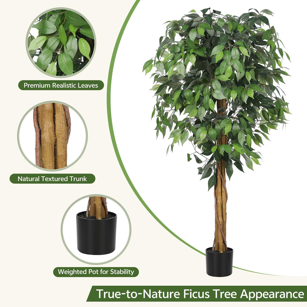 5ft Artificial Ficus Tree with Triple Trunk & Black Planter