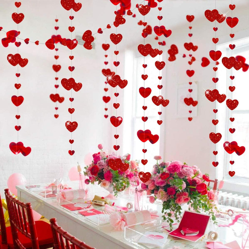 52Ft Valentines Day Party Decorations Red Heart Garland Metallic Glitter Hanging Heart Streamer Banner - Set of 4