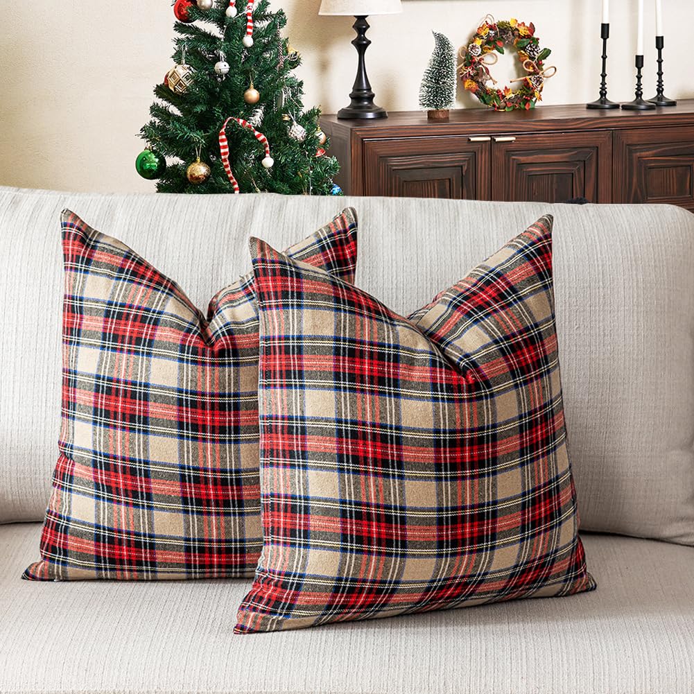 Brown Tartan Plaid Vintage Primitive Christmas Pillow Covers 20x20 Set of 2