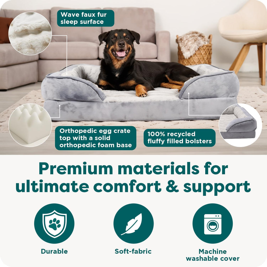 Orthopedic Dog Bed for Large Dogs w/ Removable Bolsters & Washable Cover, For Dogs Up to 95 lbs - Plush & Velvet