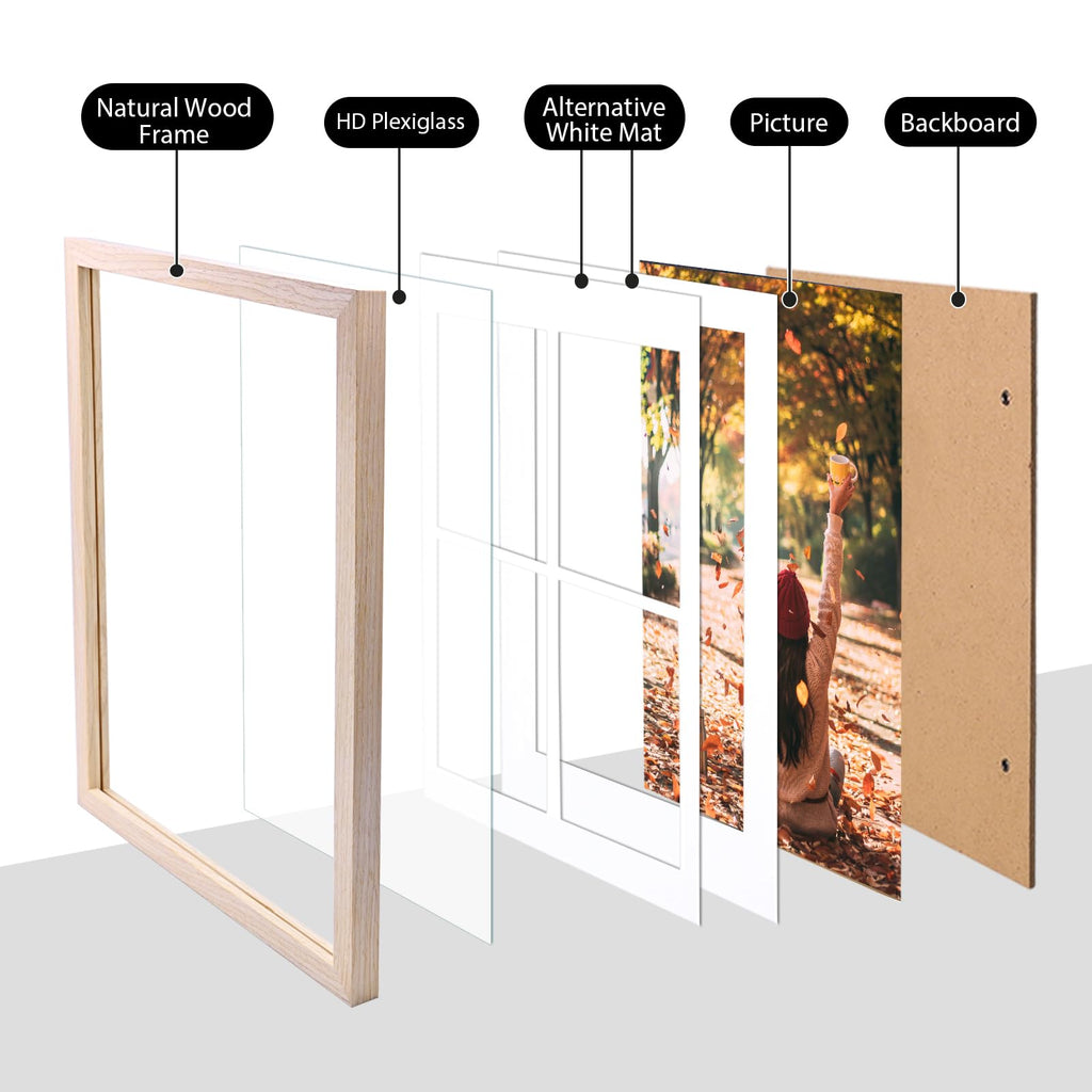 12x16 Collage Picture Frame, Natural Solid Wood Frame with Acrylic Plexiglass for 11x14 Photos or Four 5x7 Photos