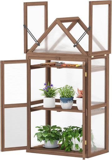 Garden Cold Frame, Mini Greenhouse Storage Shelves w/ Transparent Flip-Top Roof & 3 Adjustable Shelves, Indoor &
