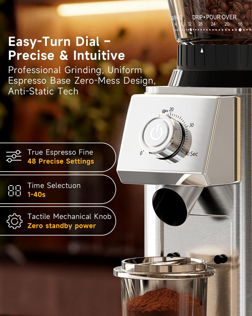 Coffee Grinder Use, Conical Burr Espresso Grinder 48 Grind | 450RPM Low-Speed Anti-Static, Precision Timer For Drip