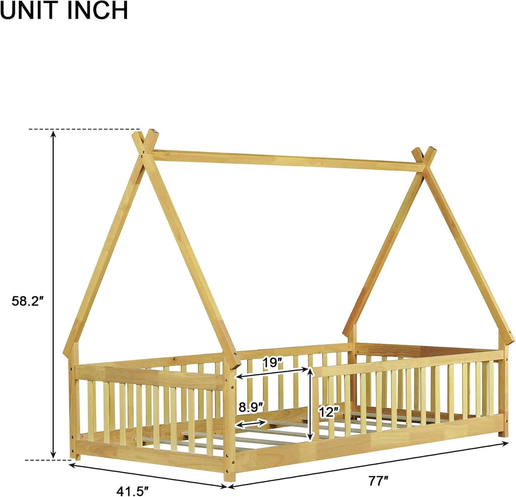 Floor Bed for Kids, Twin Size Teepee Tent Beds, Montessori Floor Bed with Slats and Fence Rails, Wood House Bed Frame