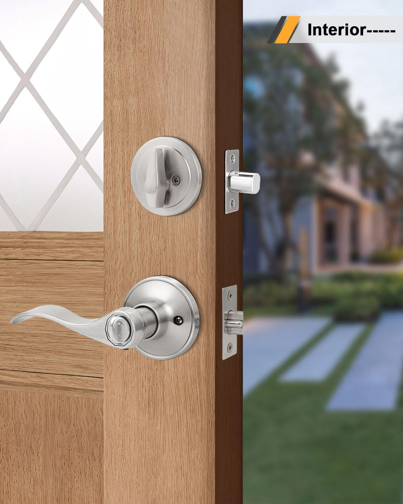 Keyd Alike Entry Door Handle and Single Cylinder Deadbolt Combo Locksets in Satin Nickel, Wave Style Lever with Lock
