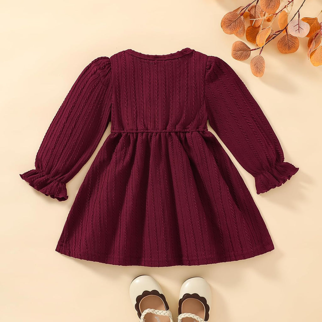 Toddler Baby Girl Dress Puff Long Sleeve Knit Sweater Fall Winter Ribbed Ruffle Casual Solid Dress with Pockets