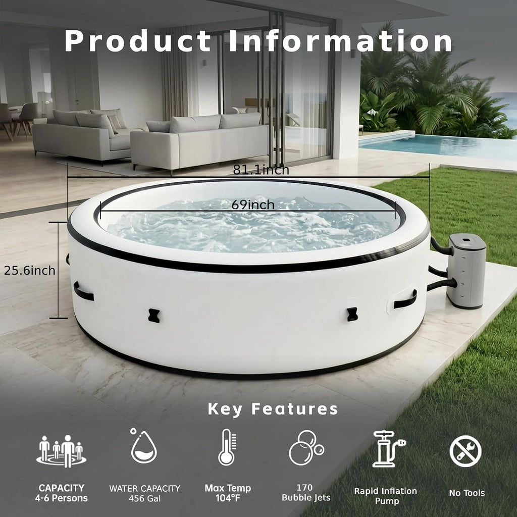 Inflatable Hot Tub 4-7 Person, Outdoor Spa with 170 Jets, Durable PVC Inflatable Spa with One-Click Inflation, Heats