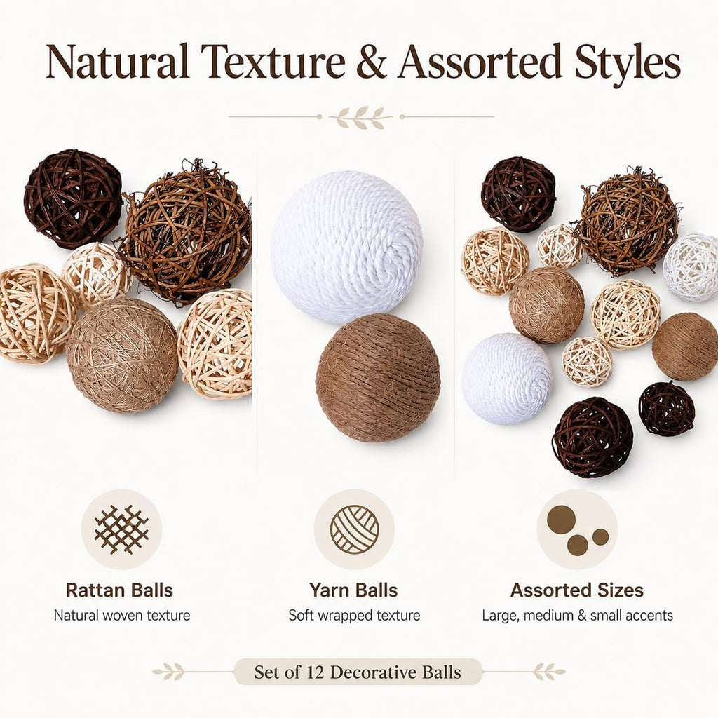 Decorative Ball for Centerpiece Bowls, Handmade Rattan Balls and Rope Balls with 1.6-3.2 Inches, Vase Bowl - Set of 12