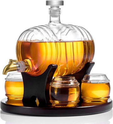 Whiskey Barrel Decanter Set Bar, Unique Birthday Gifts for Men Dad, 1.3 Liter Barrel Liquor Dispenser with 4 Glasses - Set of 7