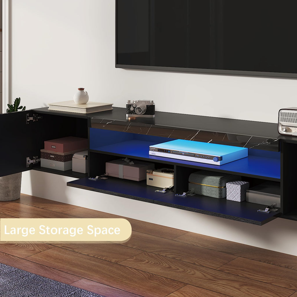 Floating TV Stand for 55 65 70 75 78 85 inch TV, Entertainment Center with LED Light and Storage Cabinet High Gloss
