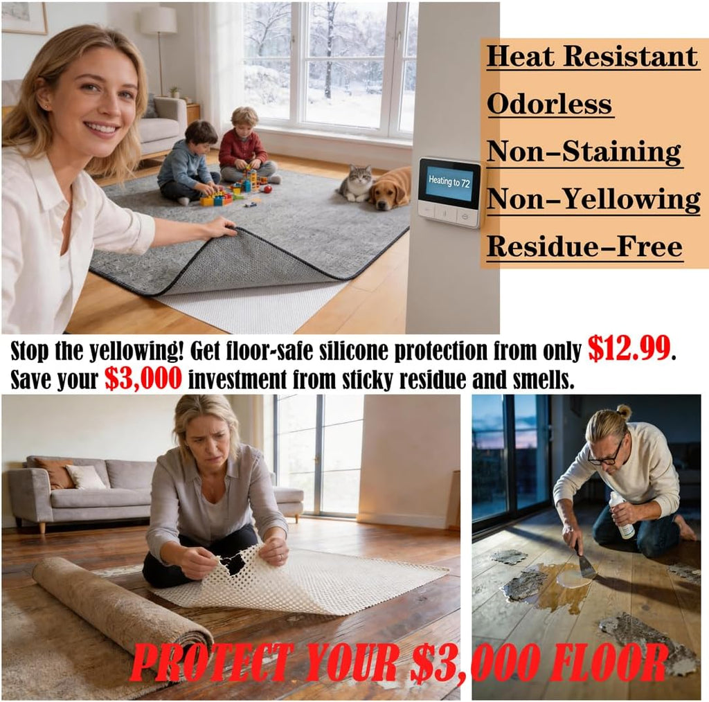 Non-Slip Rug Gripper Pad: Adhesive & Residue-Free Silicone 5X Stronger Grip for Hardwood Tile & LVP - BPA-Free - Set of 10