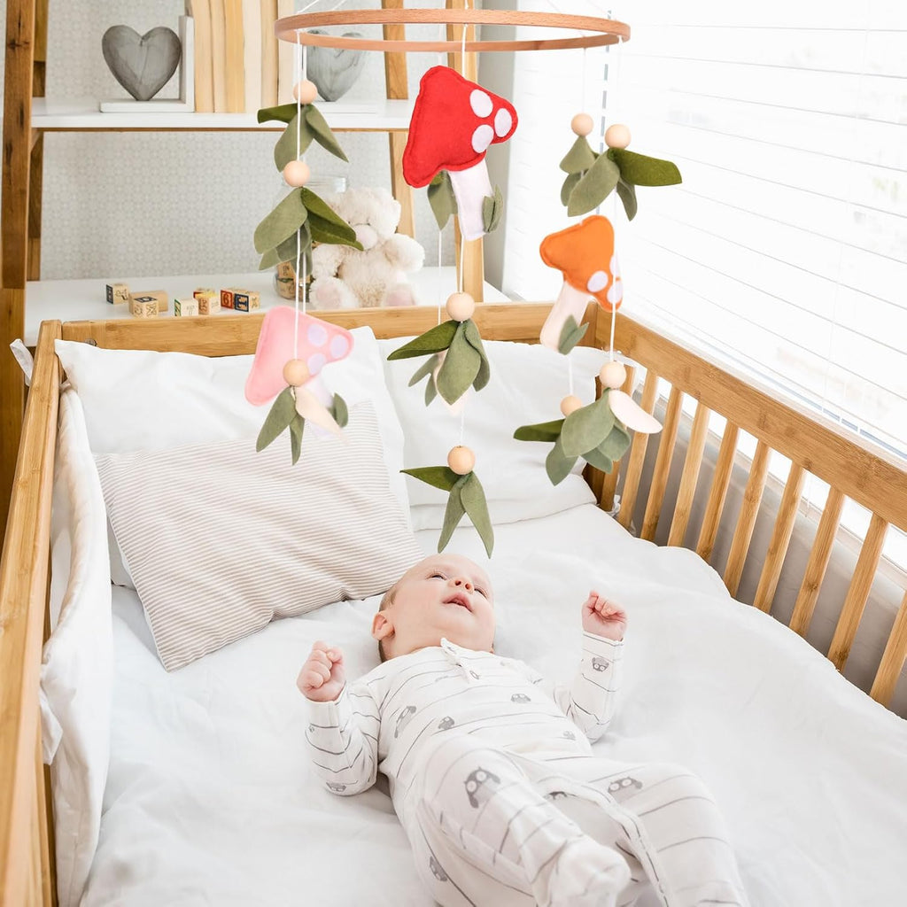 Mushroom Baby Mobile, Green Leaf Mobile for Crib, Crib Mobile for Boys Girls, Forest Nursery Mobile for Bassinet