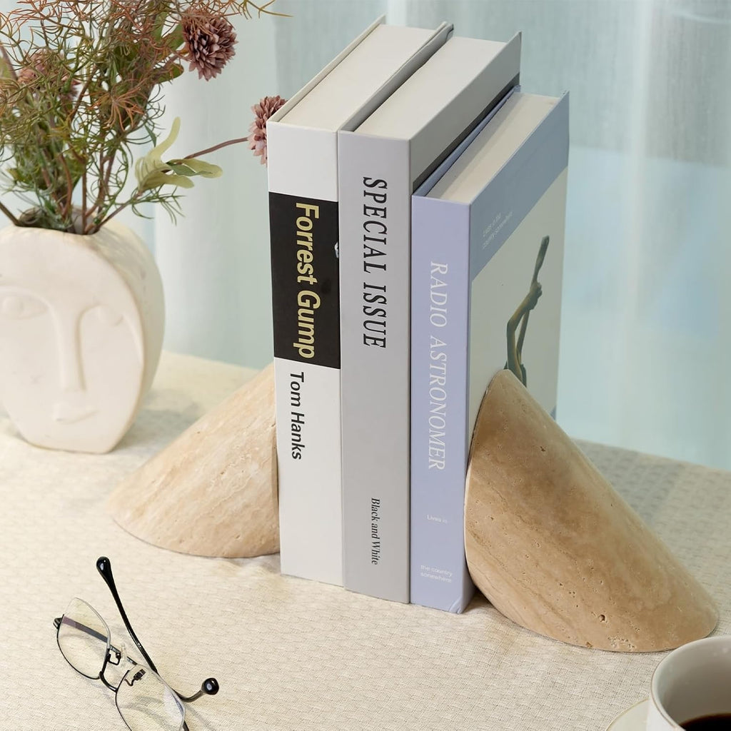 Natural Marble Bookends for Shelves, Travertine Decorative Book Ends for Heavy Books, Heavy Duty Stone Book Holders