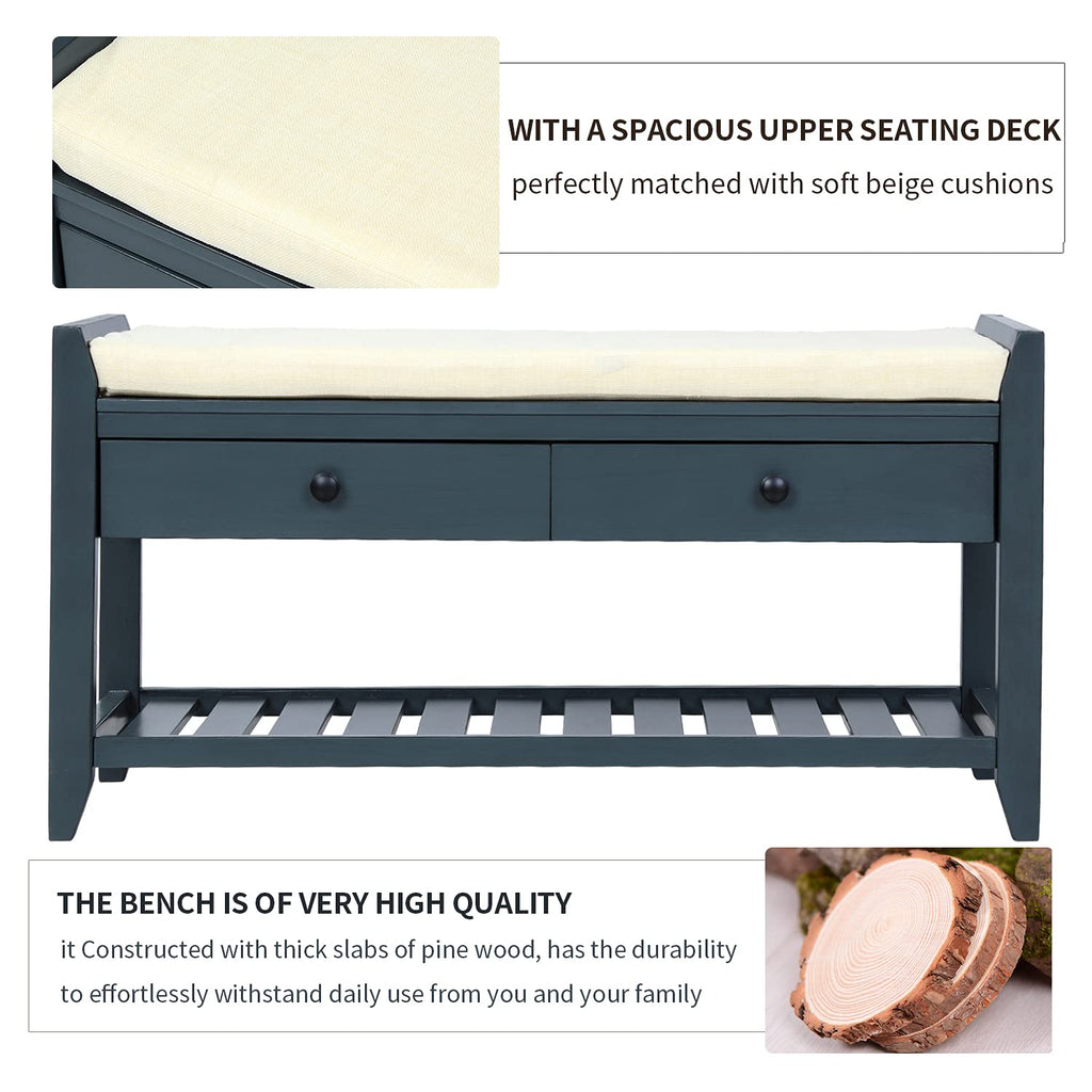 Shoe Storage Bench with Padded Cushion, Rustic Storage Bench with Woven Rattan Doors and Adjustable Shelves, Grey
