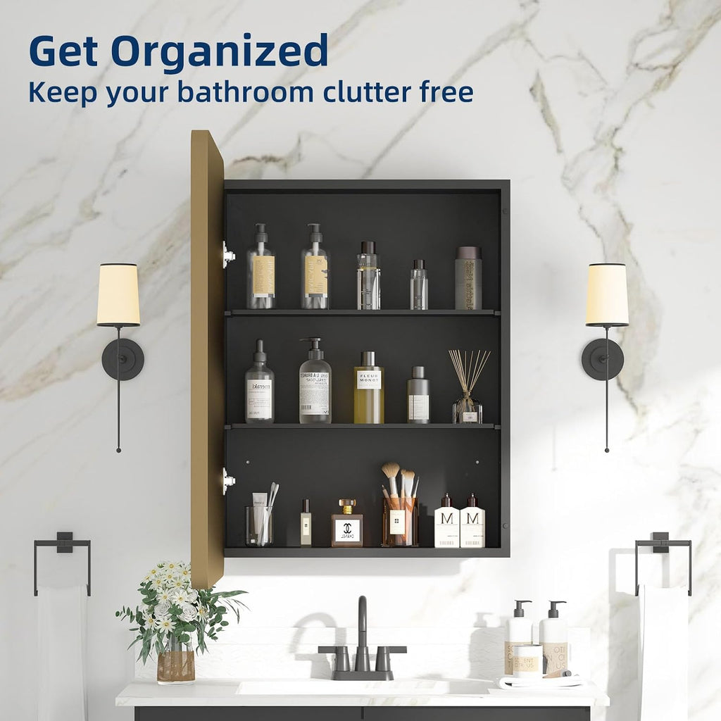 Medicine Cabinet 20 x 28 Inch, Brush Gold Bathroom Medicine Cabinet with Mirror,Metal Beveled Mirror, Adjustable