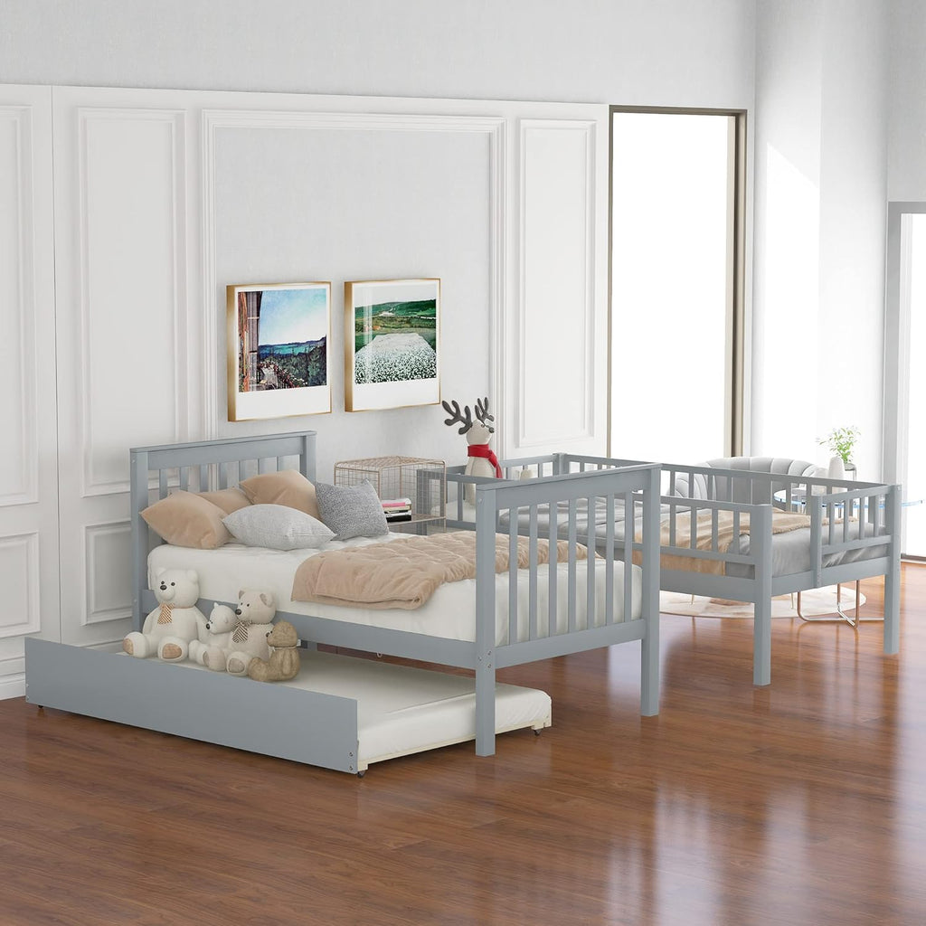 Stairway Bunk Bed Twin Over Twin with Trundle and Shelves,Can be Split into 3 Separate Beds,Wooden Triple Bunk Bed