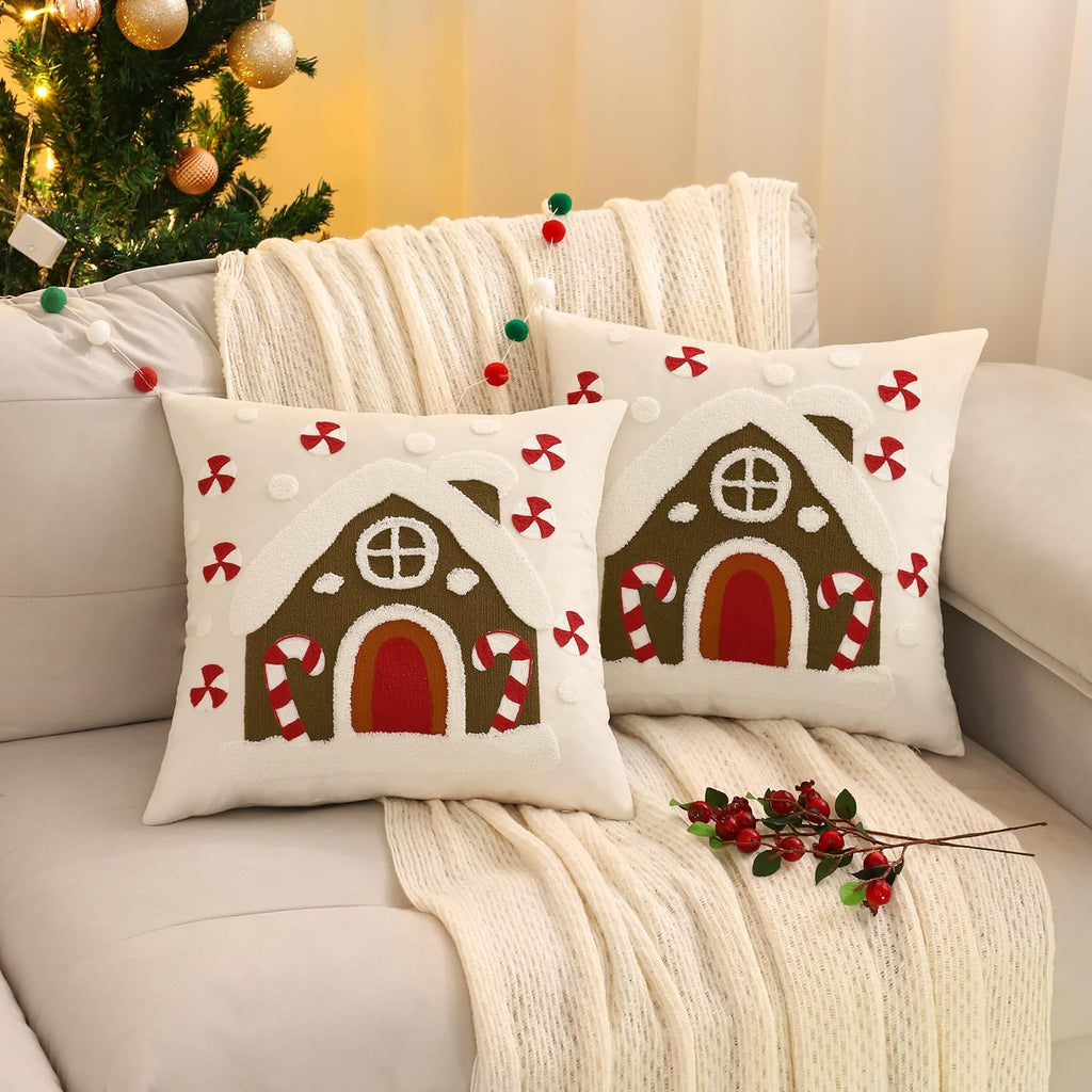 Christmas Pillow Covers 18x18 Snowflakes and House Decorative Throw Pillows Winter Holiday Merry Christmas - Set of 2