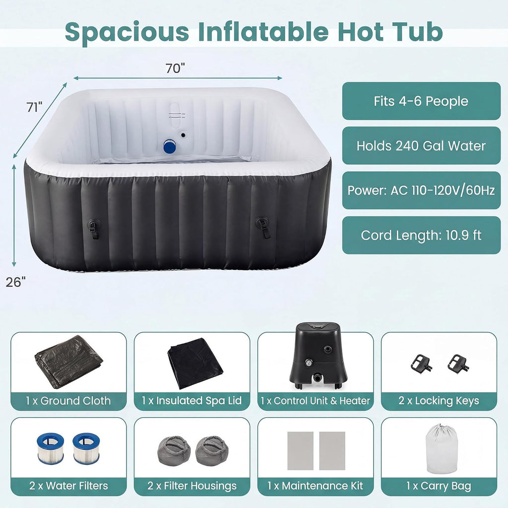 Inflatable Hot Tub SPA, 2-4/4-6 Person Portable Blowup Pool Hottub with Air Jets, Electric Heater Pump, Filter