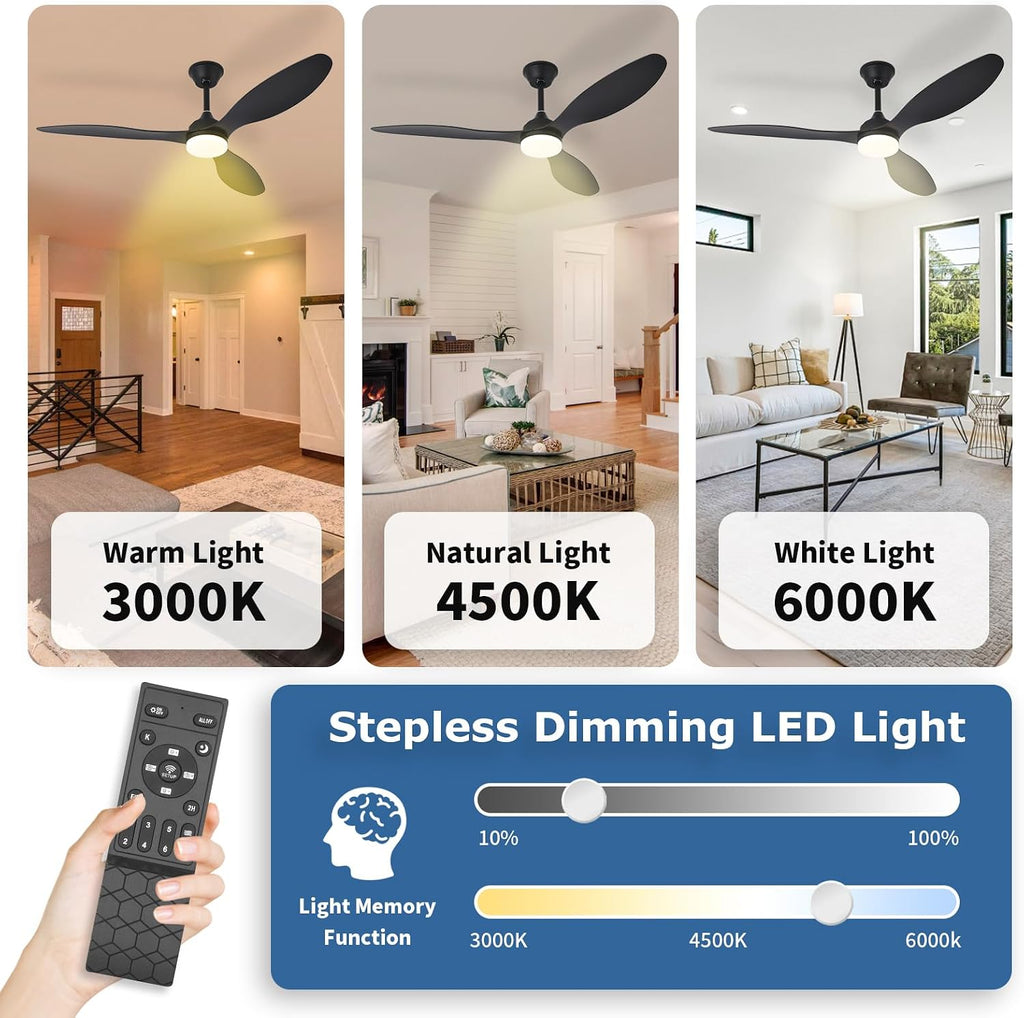 Ceiling Fan with Lights and Remote: 52" Black Quiet Dimmable Fan