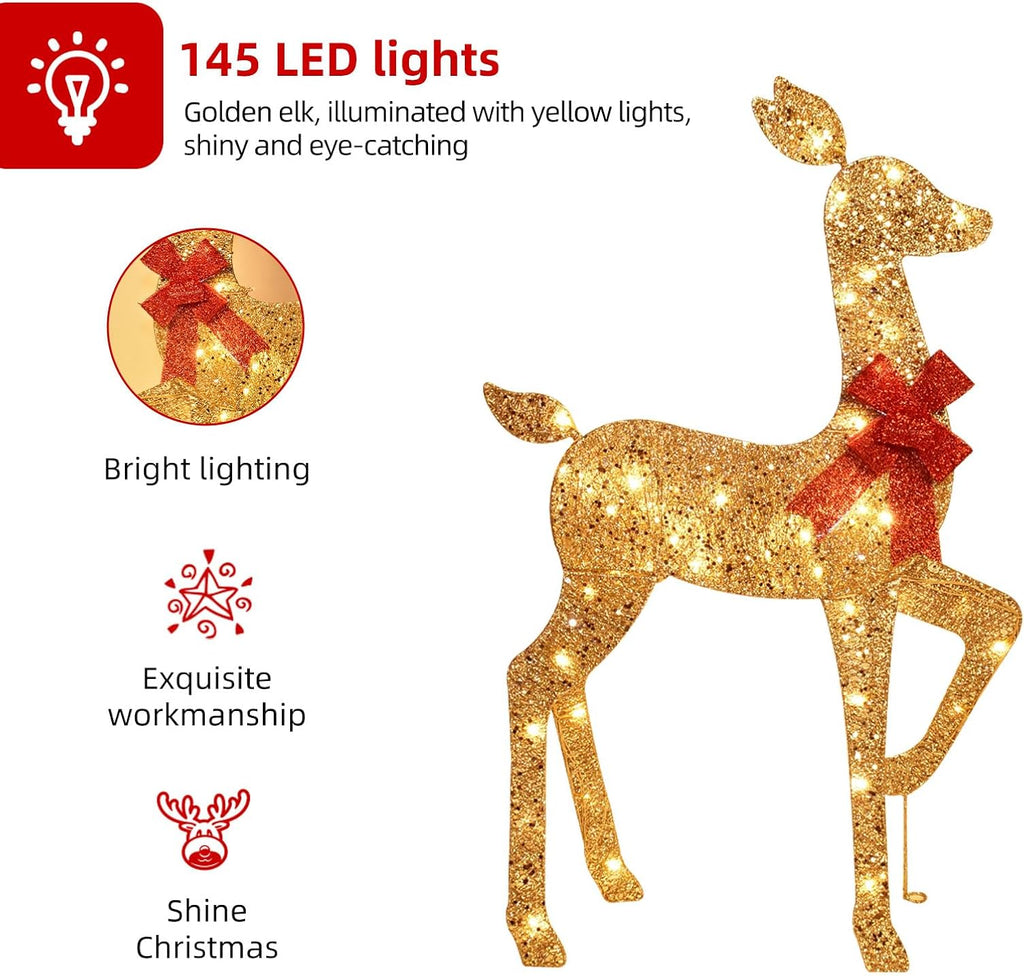 3-Piece 2D Lighted Christmas Deer Family Set - Large Outdoor Yard Reindeer Holiday Decoration with 145 LED Lights