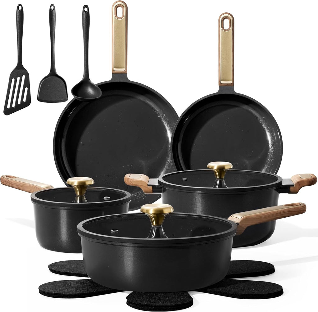 Ceramic Cookware Sets, Pots and Pans Set, 16pcs | Non-Toxic Induction Cooking Set with Silicone Lids, Dishwasher