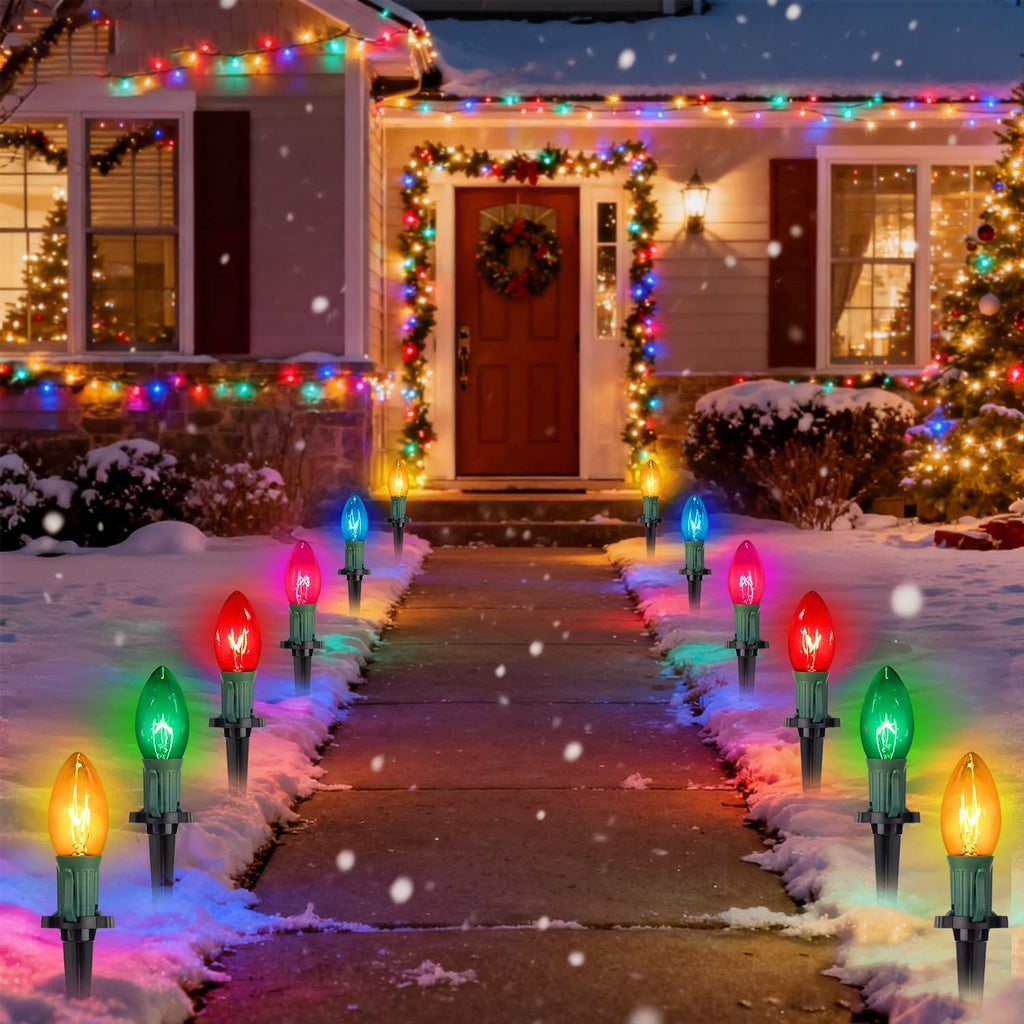 38 Feet C9 Christmas Pathway Lights Christmas Decorations Outdoor Yard, 25Pack Walkway Lights with 25 Marker Stakes