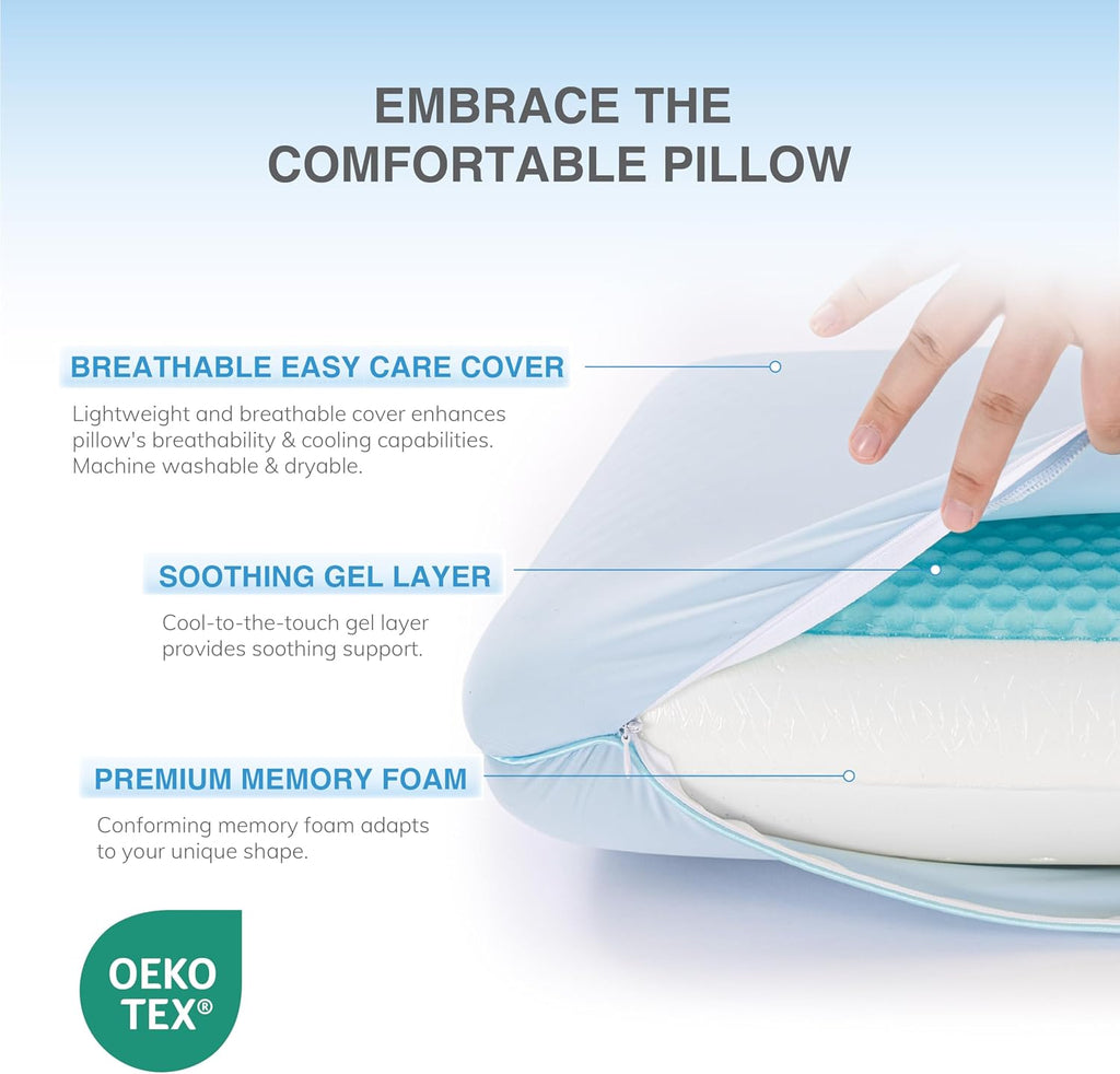 Cooling Gel Memory Foam Pillow, Reversible Design, Neck Support | For Side, Back & Stomach Sleepers, Removable