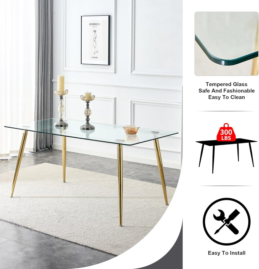 Glass Dining Table for 4 with 63 inch Clear Rectangular Glass Top, 0.31" Modern Tempered Glass Kitchen Table