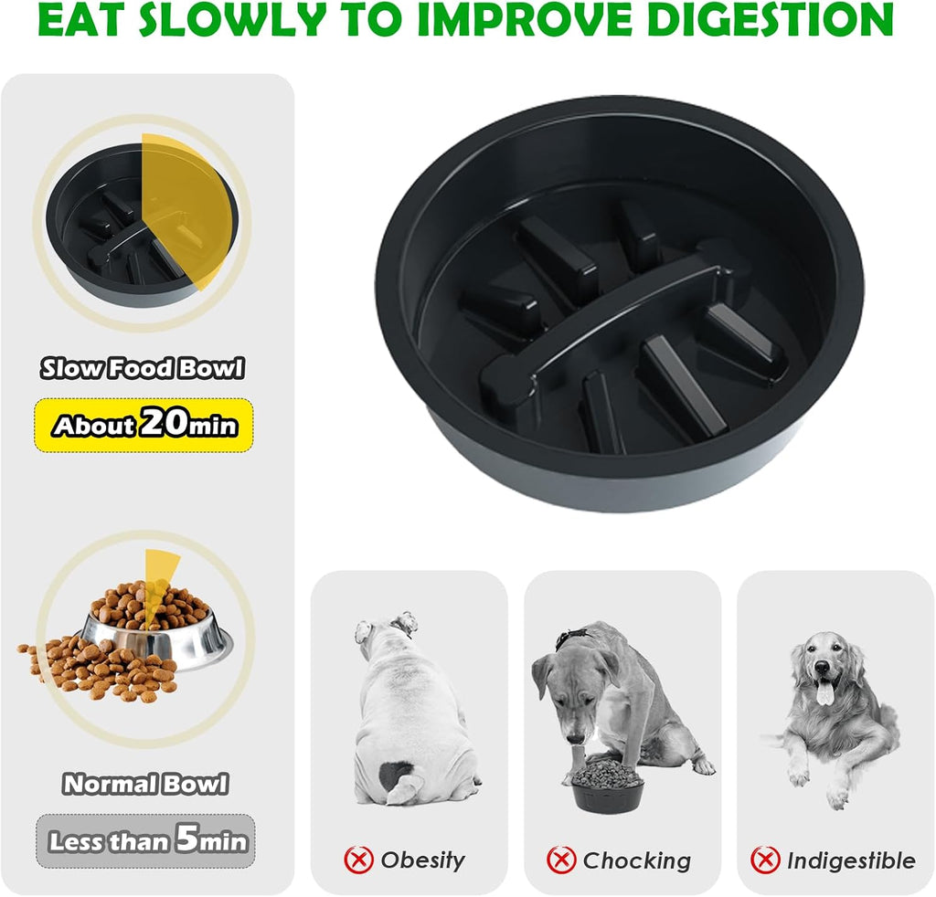 Elevated Dog Bowls with Slow Feeder & Mat for Medium and Large Dogs, 10" Tall Wooden Raised Dog Bowl Stand, 2