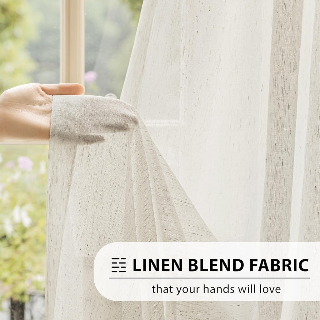 Linen Sheer Pinch Pleated Curtains, Linen Flax Beige 108 Inches Long Sheer Curtain See Through Panels, Natural Window