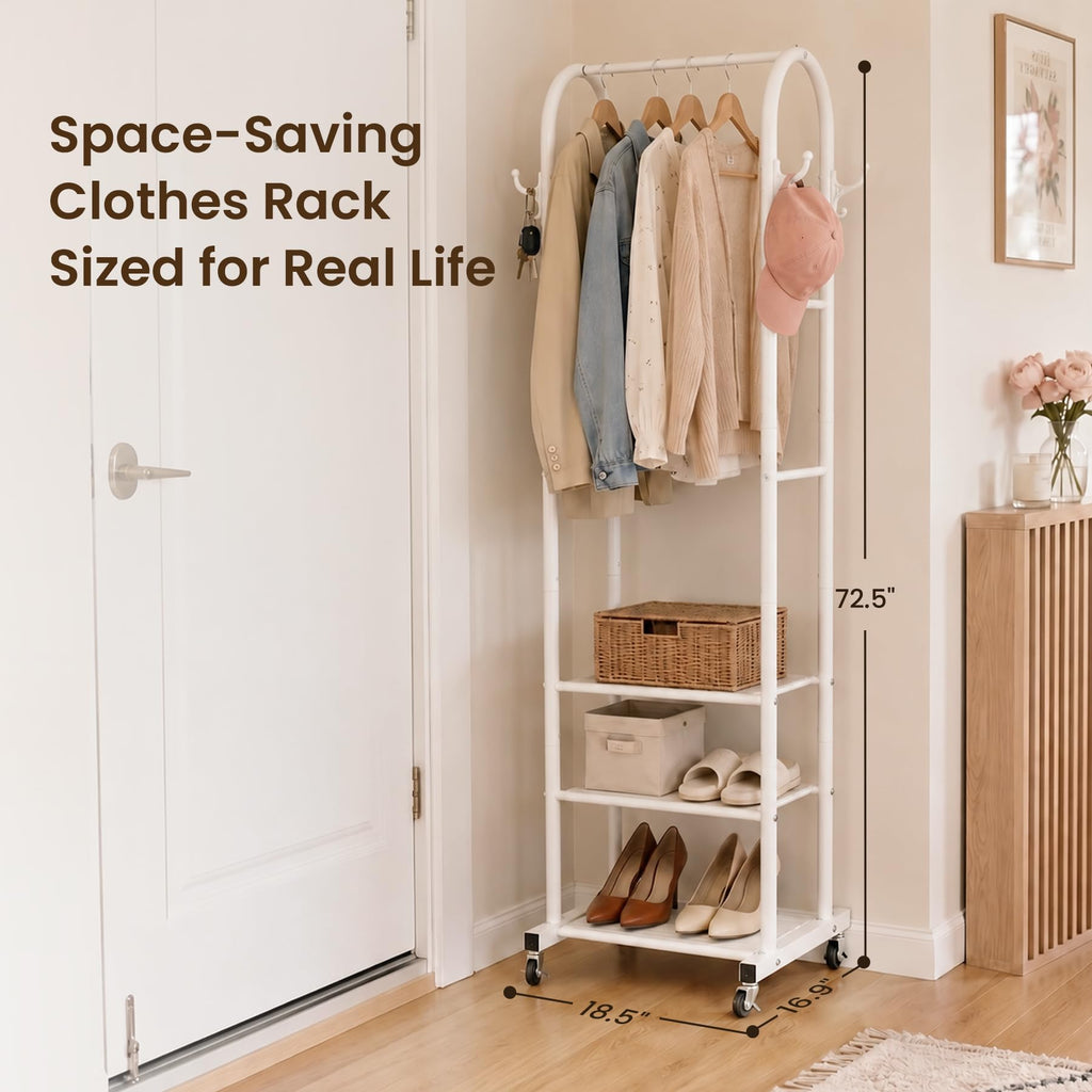 Small Clothes Rack with 3-Tier Mesh Shelves & 8 Hooks, White