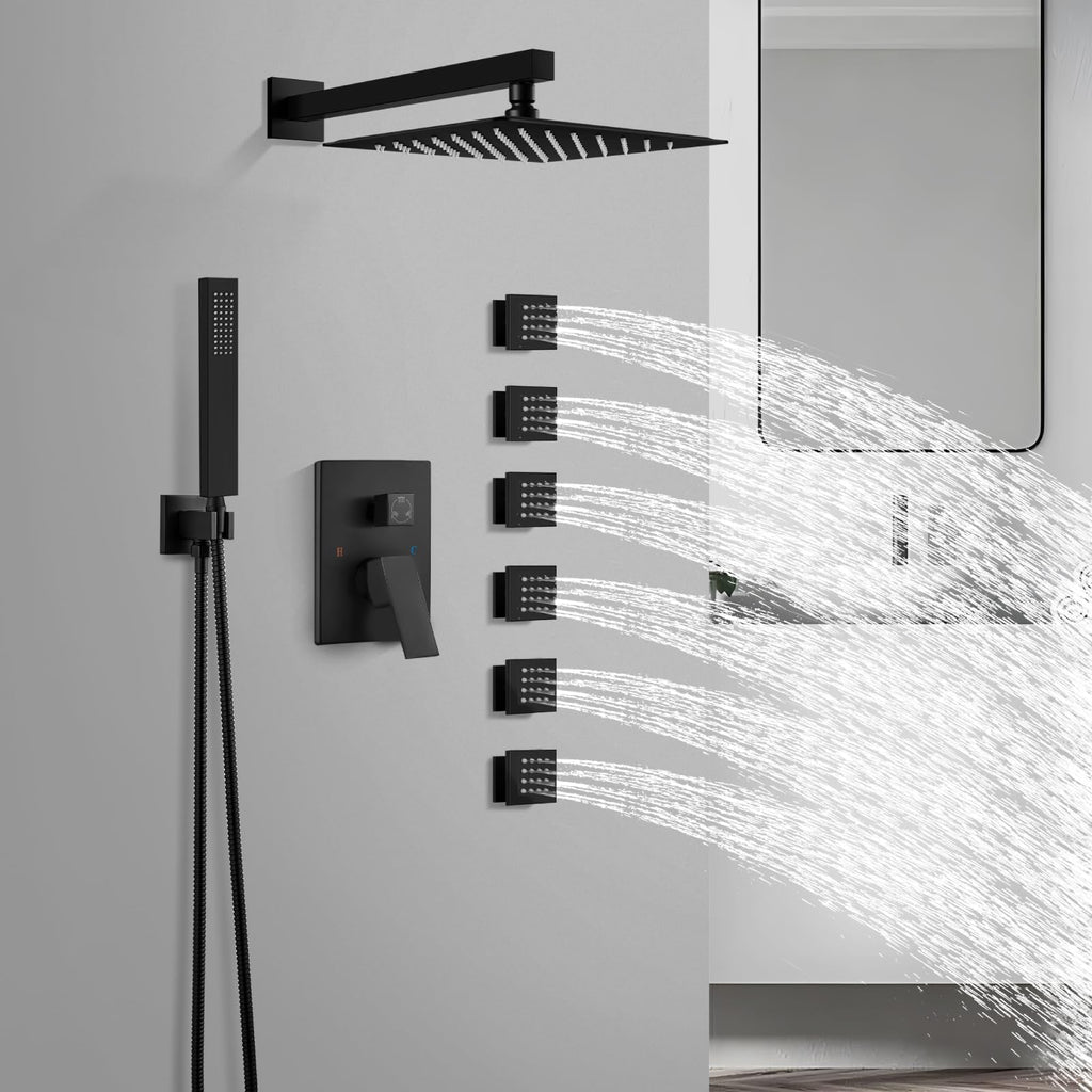 Rainfall Shower System with Full Body Jets 6pcs Matte Black