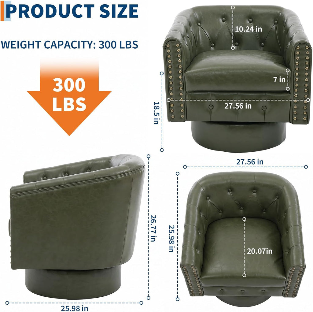 Swivel Barrel Accent Chair, 360° Leather Armchair with Rivets