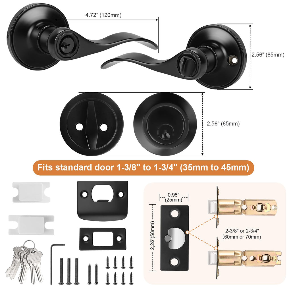 Front Door Entry Lever Lockset, Single Cylinder Deadbolt Combination Set, Flat Black Finish Keyed Alike Combo
