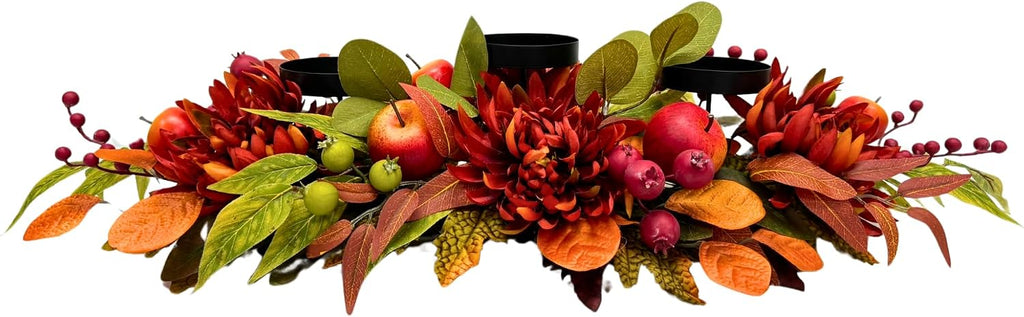 Inch Fall 3 Candle Holder with Faux Apples, Mums and Berries - Set of 3