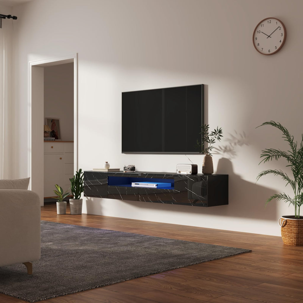 Floating TV Stand for 55 65 70 75 78 85 inch TV, Entertainment Center with LED Light and Storage Cabinet High Gloss