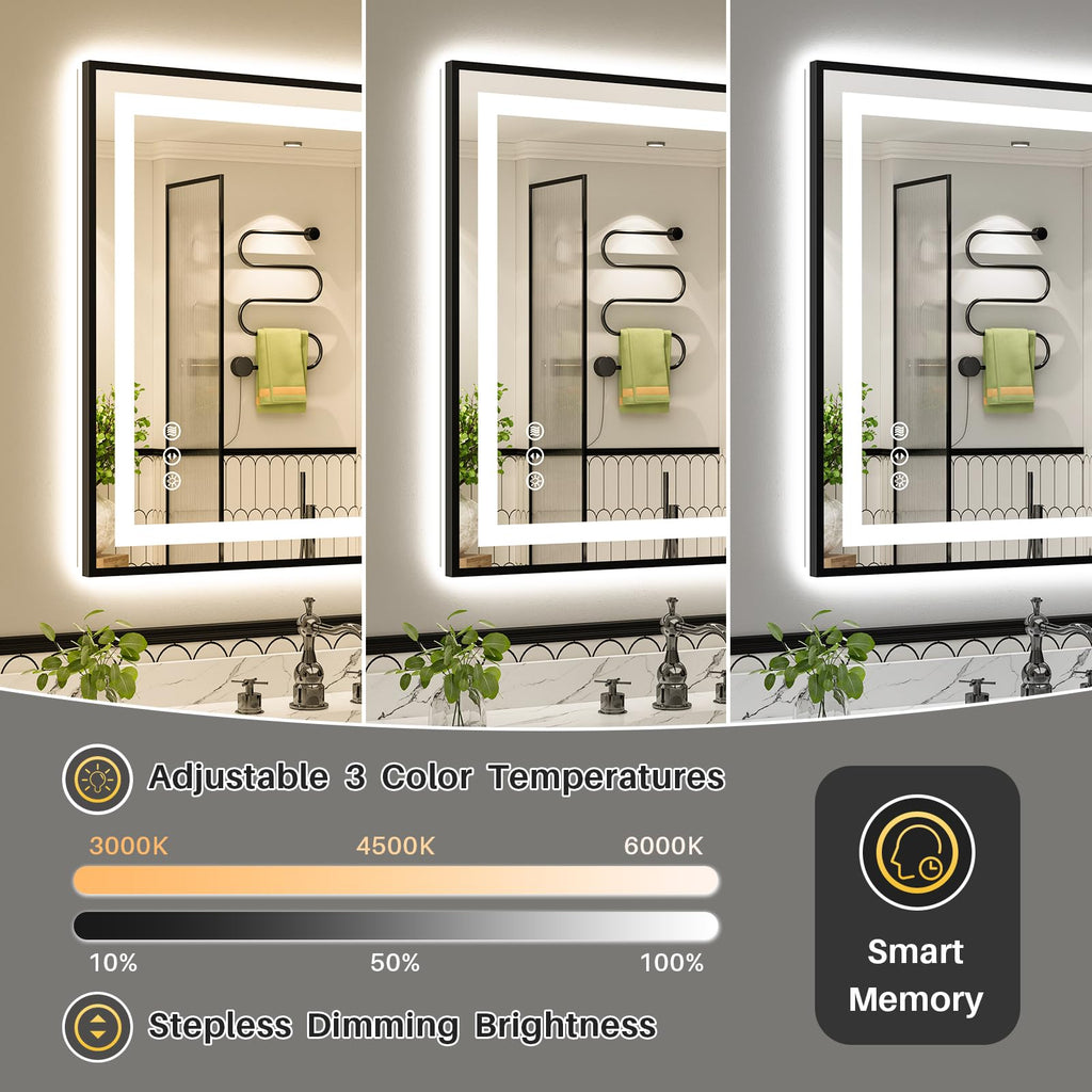 28X36 Inch LED Bathroom Mirror with Black Frame, Backlit & Front Lit