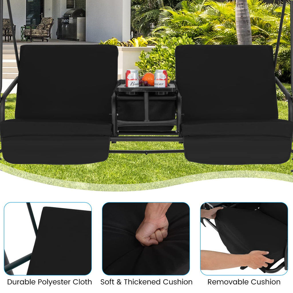 2 Person Porch Swing with Cooler Bag, Black