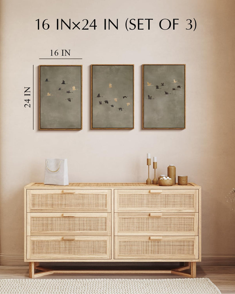 Extra Large Framed Canvas Wall Art, Living Room Minimalist Abstract Neutral Decor, Sage Green, 3 Pcs Flying Birds